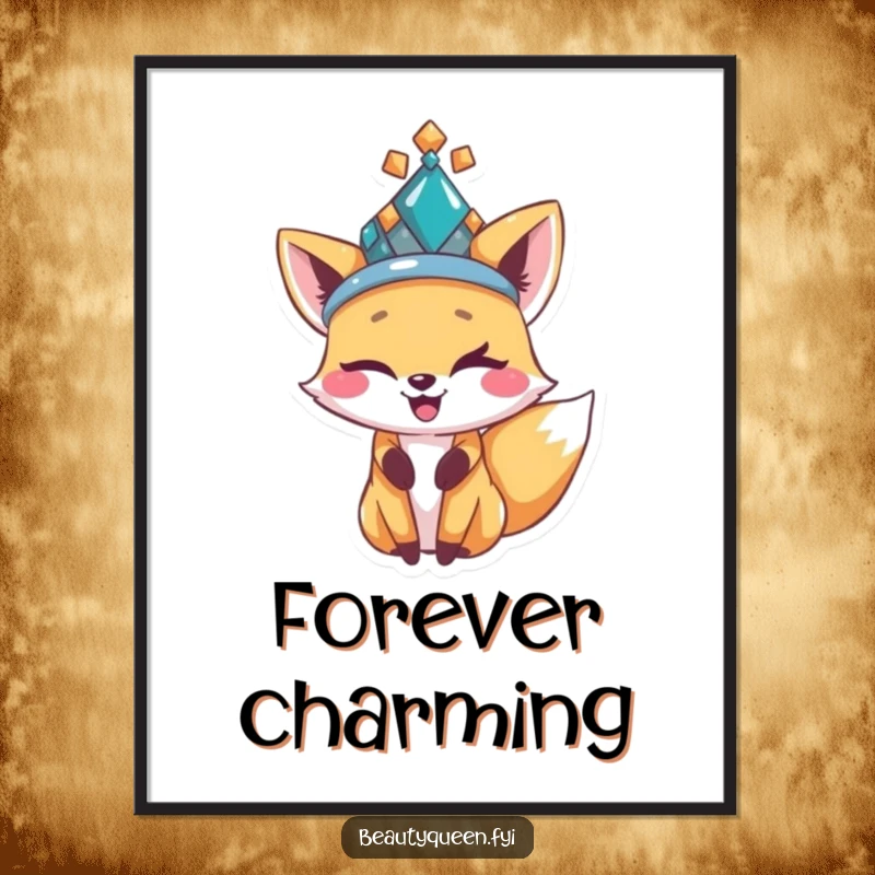 Funny happy fox in a bejeweled hat, winking playfully, presented as a vibrant and humorous digital art print.