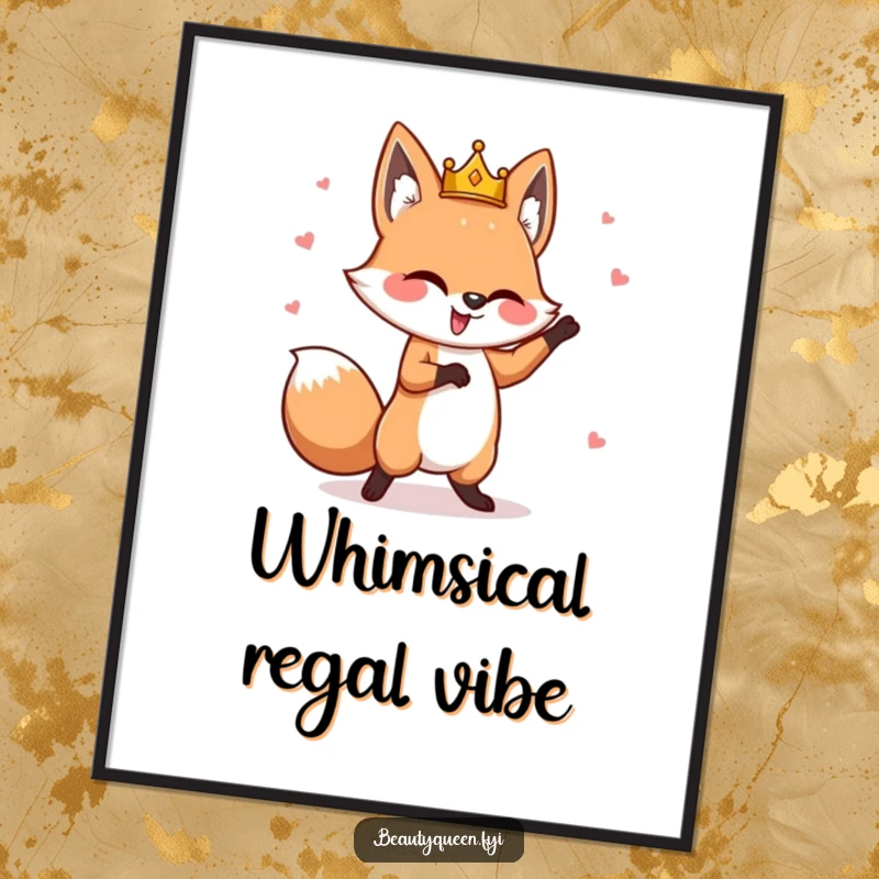 Funny fox digital art print of a goofy fox with a tilted crown, performing a whimsical dance, perfect for whimsical and charming decor.
