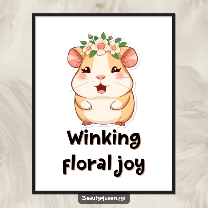 Funny guinea pig wearing a floral crown, winking and giggling, a high-resolution digital print. Adorable and humorous art.