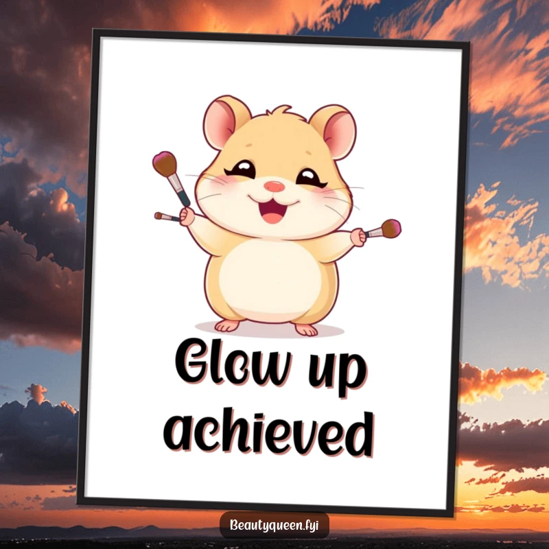 Funny digital art print of a giggling hamster skillfully juggling tiny makeup brushes, exuding confidence and artistic flair.