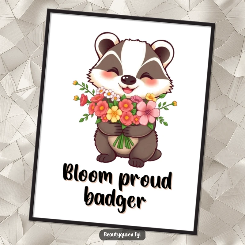 Funny Digital Art: A happy badger proudly displays a beautiful flower bouquet, perfect for printable wall art.