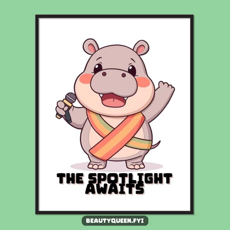 Funny Hippo Digital Art: Microphone Star Print, Sash Design, Instant Download Gift