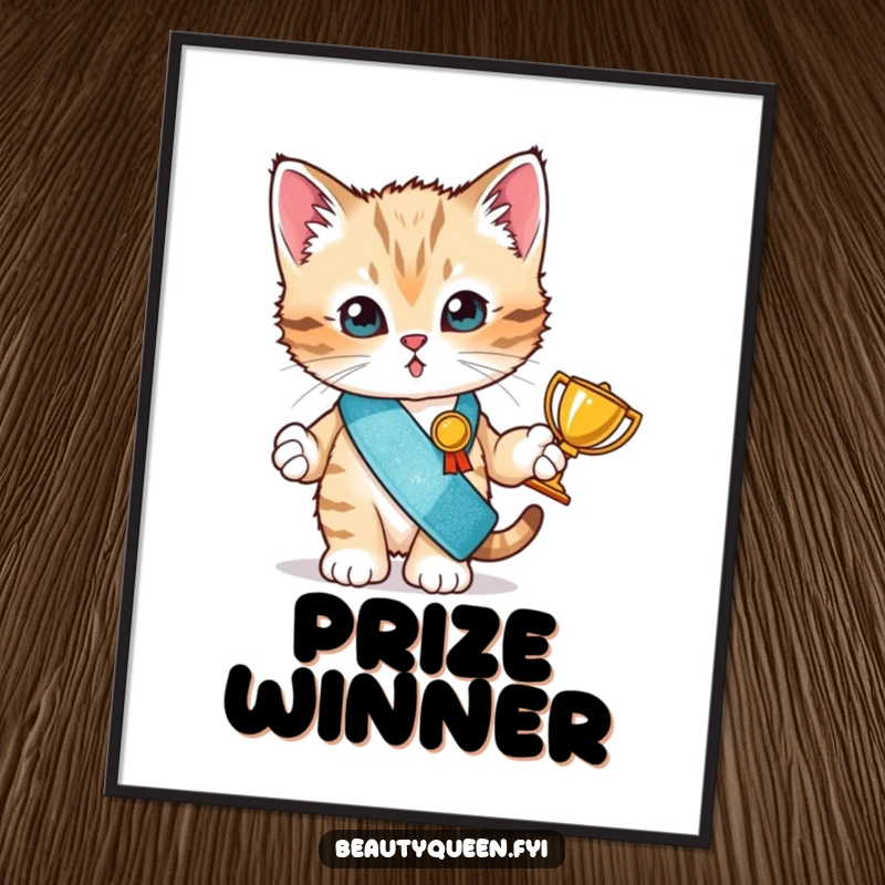 Funny digital art print of a tiny kitten in a glitter sash holding a trophy, radiating victorious and cute energy.