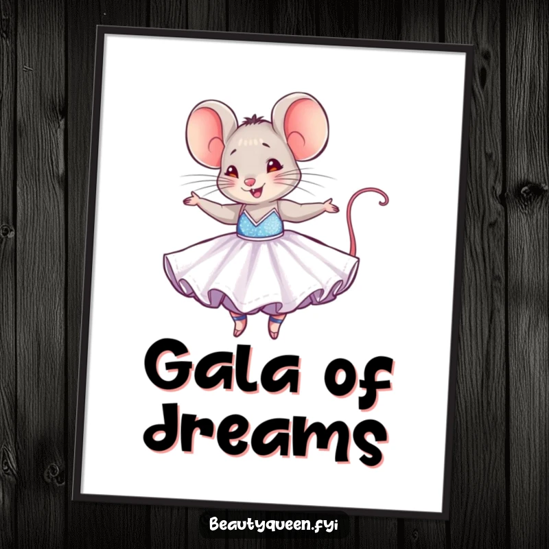 Funny mouse digital art print of a tiny mouse in a dazzling ballgown, joyfully twirling, perfect for whimsical and charming decor.