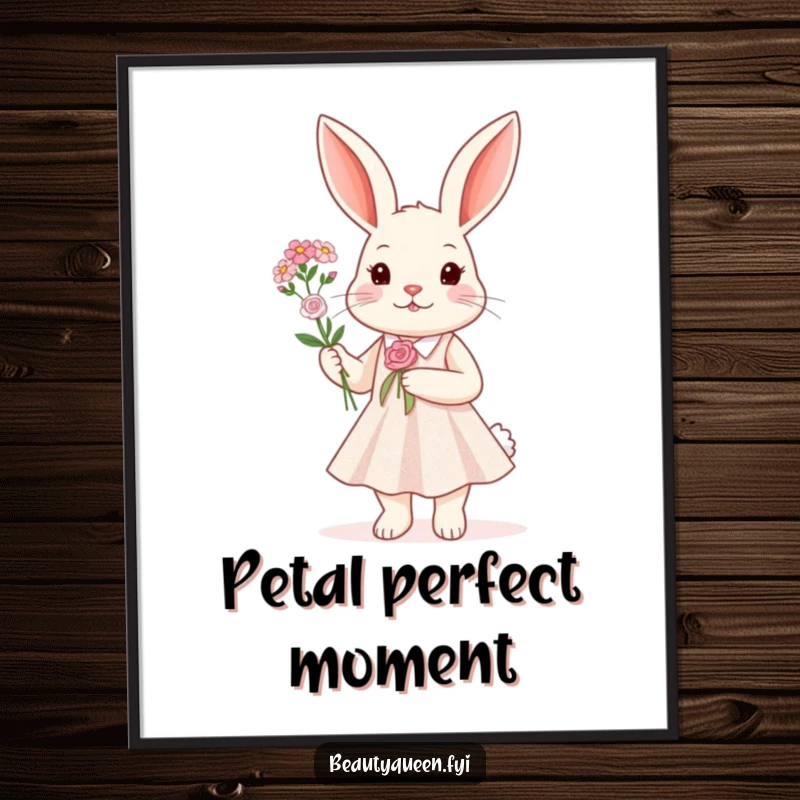 Funny Digital Art Print of a rabbit in a sparkly dress holding a miniature flower bouquet, offering instant whimsical decor and humor.