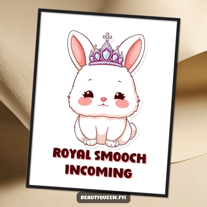 Funny rabbit digital art print of a fluffy bunny with a tiara, blowing a kiss with rosy cheeks, instant charming decor.