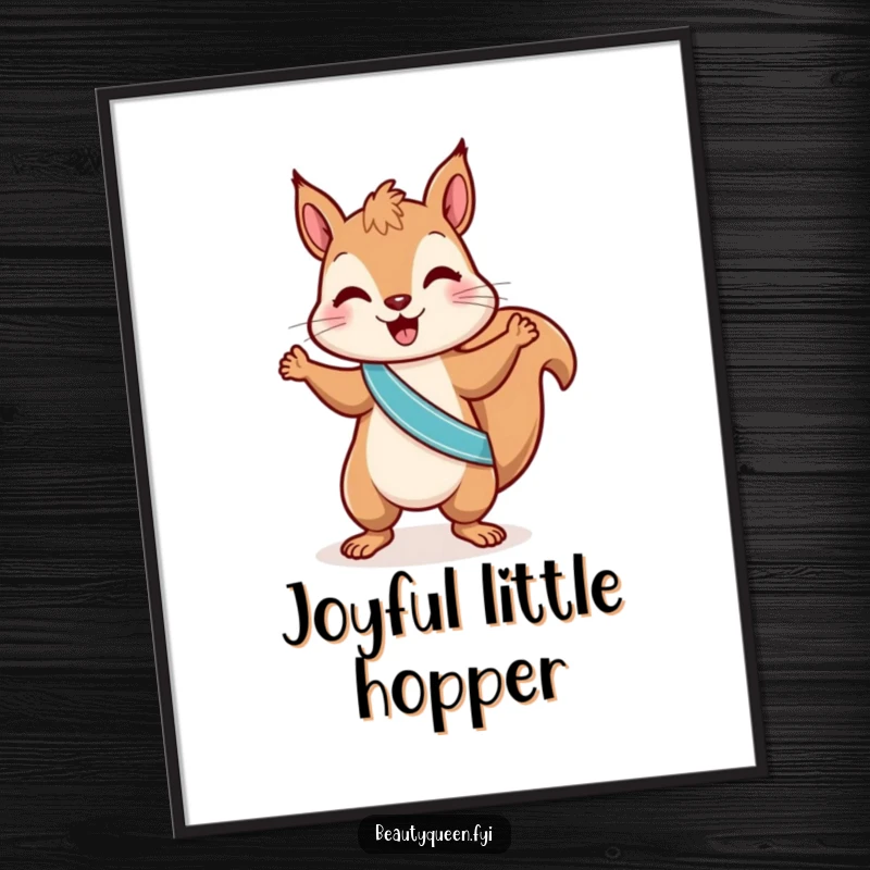 Funny squirrel digital art print of a playful squirrel in a sash, doing a little dance, perfect for adding hilarious energetic vibes to decor.