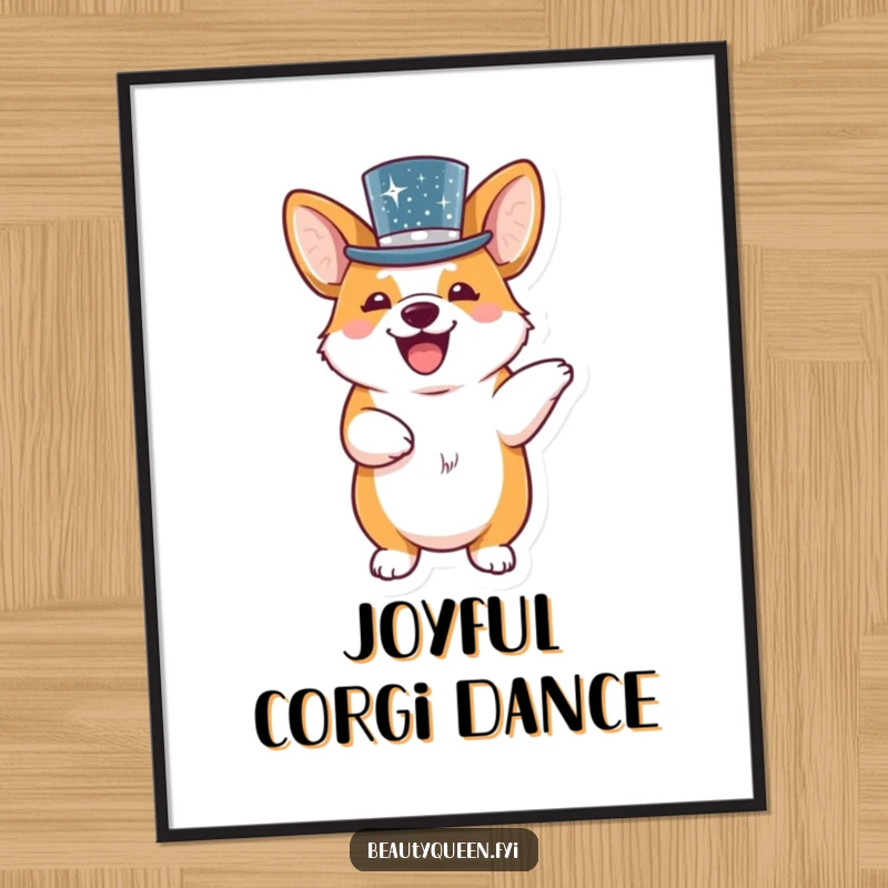 Funny giggling corgi in a sparkling hat dancing, available as a high-quality, humorous digital art print.