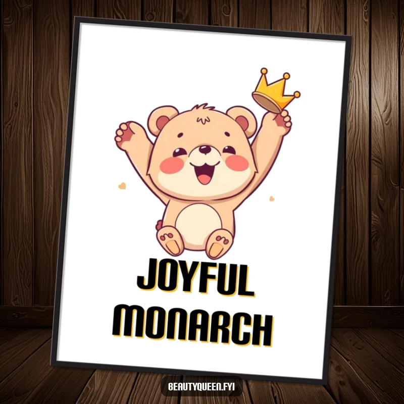 Funny bear cub digital art print of a smiling cub joyfully tossing a crown, perfect for adding hilarious celebratory vibes to decor.