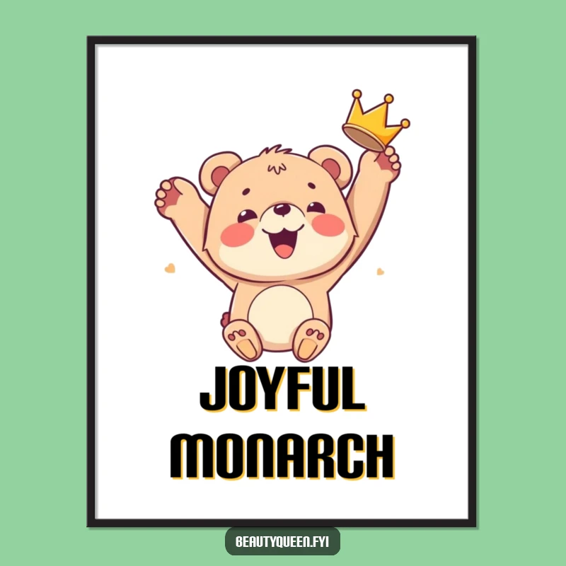 Funny Bear Cub Crown Digital Art: Joyful King Cub Wall Decor Funny Gift