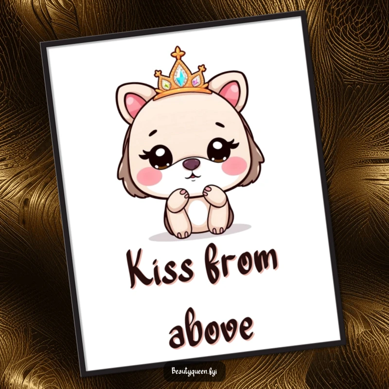 Funny digital art print of a cute animal wearing a sparkly tiara, blowing a kiss goodbye, regal and charming.