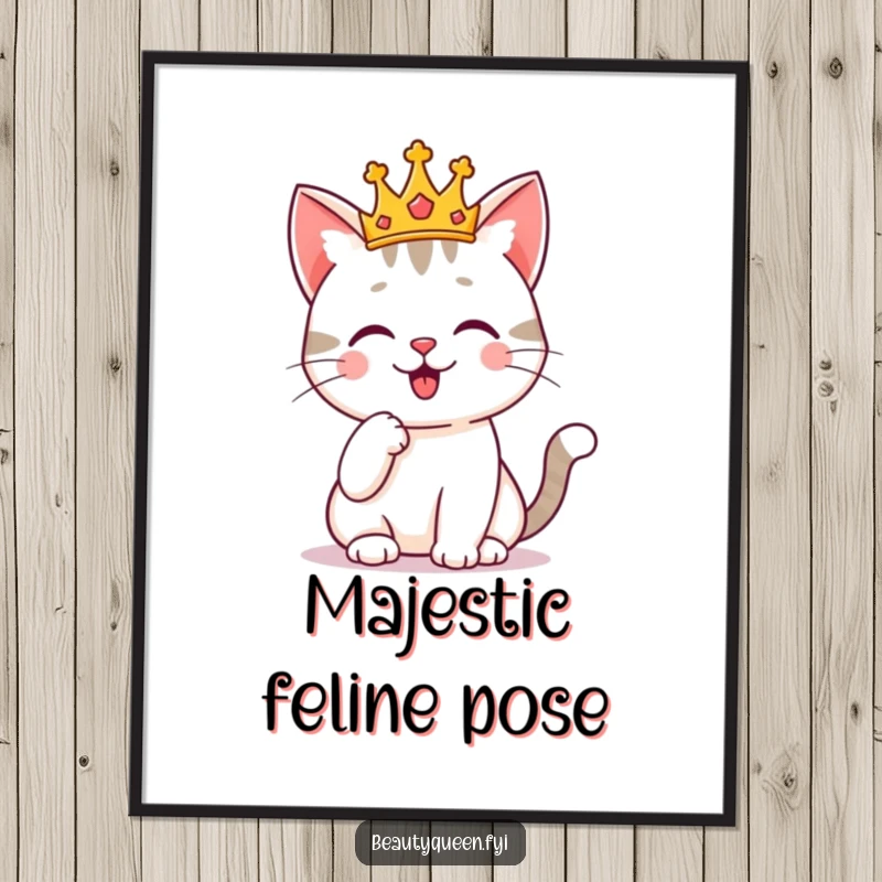 Funny cat wearing a tiny crown, posing thoughtfully with a paw on its chin, a high-resolution digital print. Regal and humorous art.