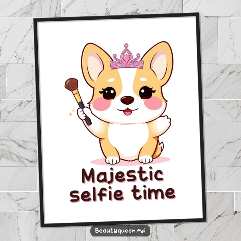 Funny Corgi Digital Art: A blushing corgi princess with a glittery tiara holds a tiny makeup brush, exuding royal humor digitally.