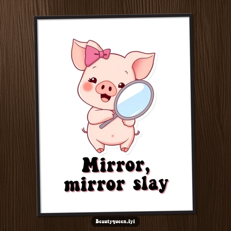 Funny cheerful piglet with a pink bow holding a handheld mirror, admiring its reflection, presented as a vibrant digital art print.