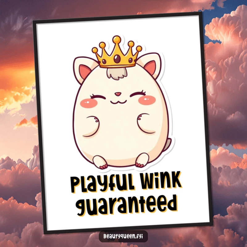 Funny digital art print of a chubby animal character wearing a tiny crown, winking playfully, whimsical and charming.