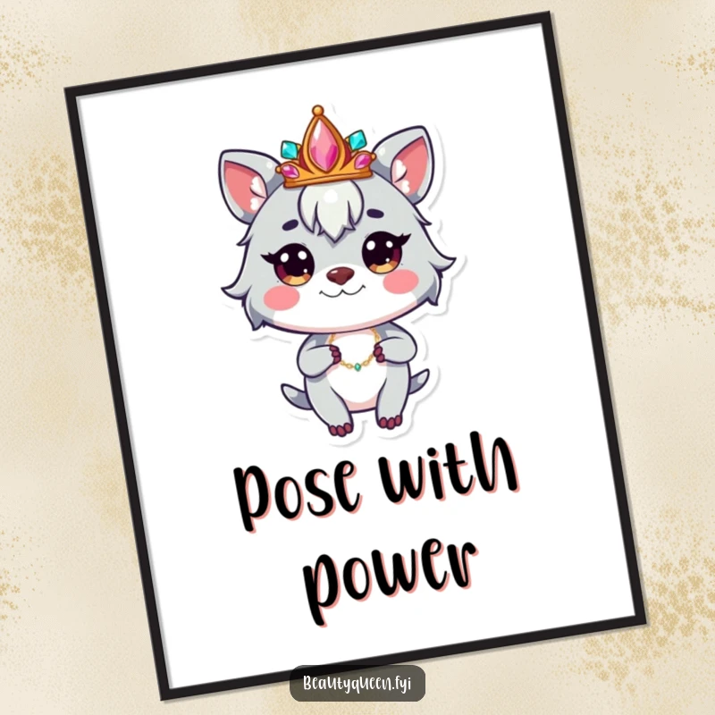 Funny digital art print of a whimsical animal character wearing a jeweled crown, striking a confident pose, stylish.
