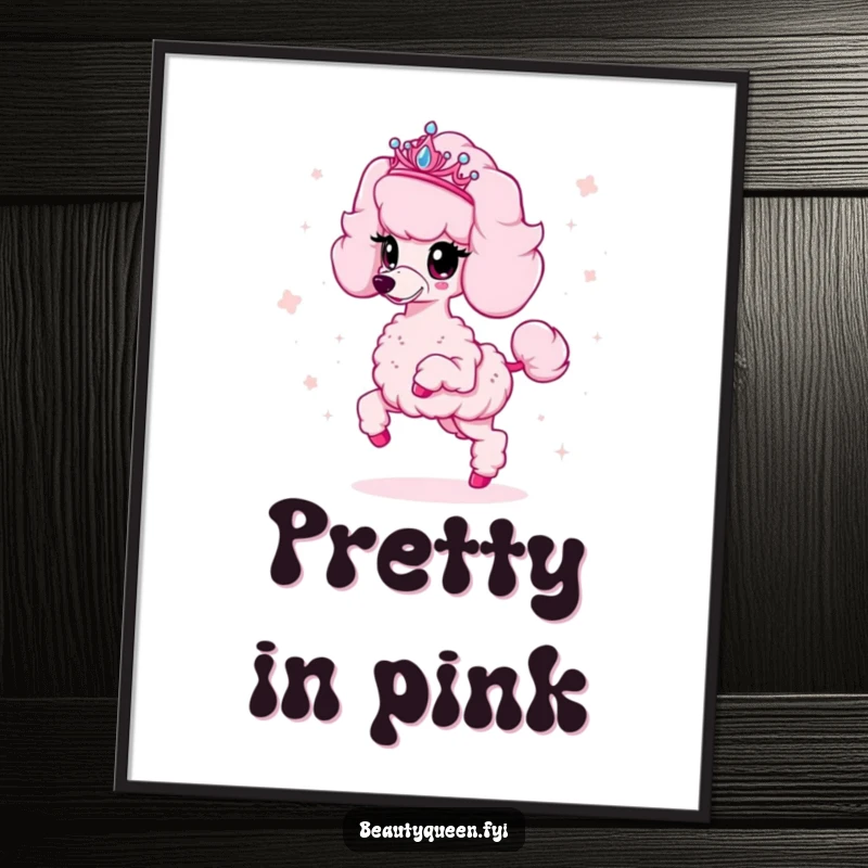 Funny poodle digital art print of a fluffy pink poodle in a tiara, prancing and scattering sparkles, ideal for glamorous wall decor.