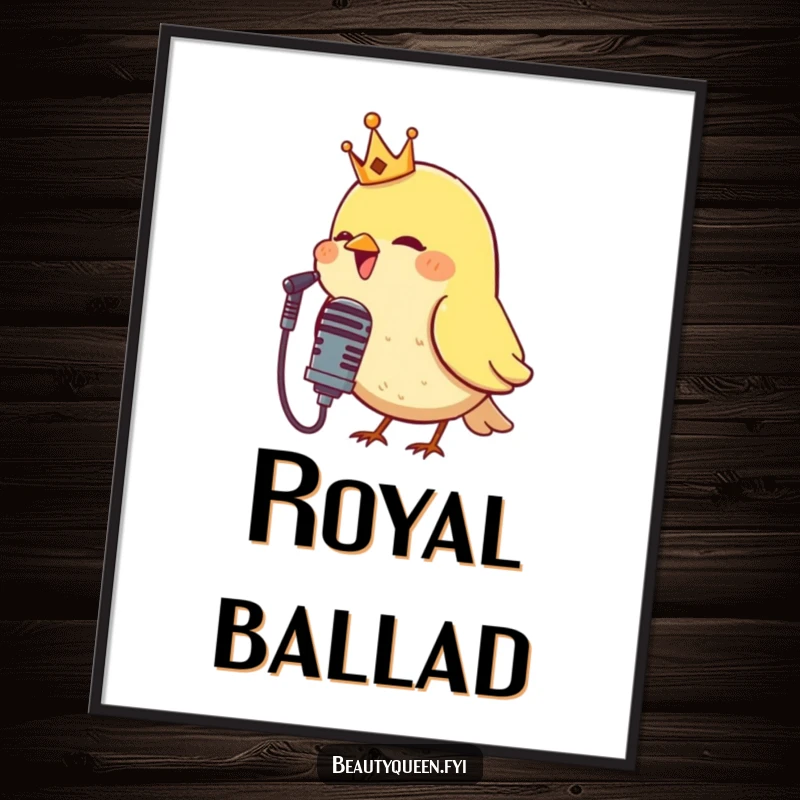 Funny printable digital art of a crowned bird singing into a microphone, perfect for immediate download and framing as theatrical, humorous wall decor.