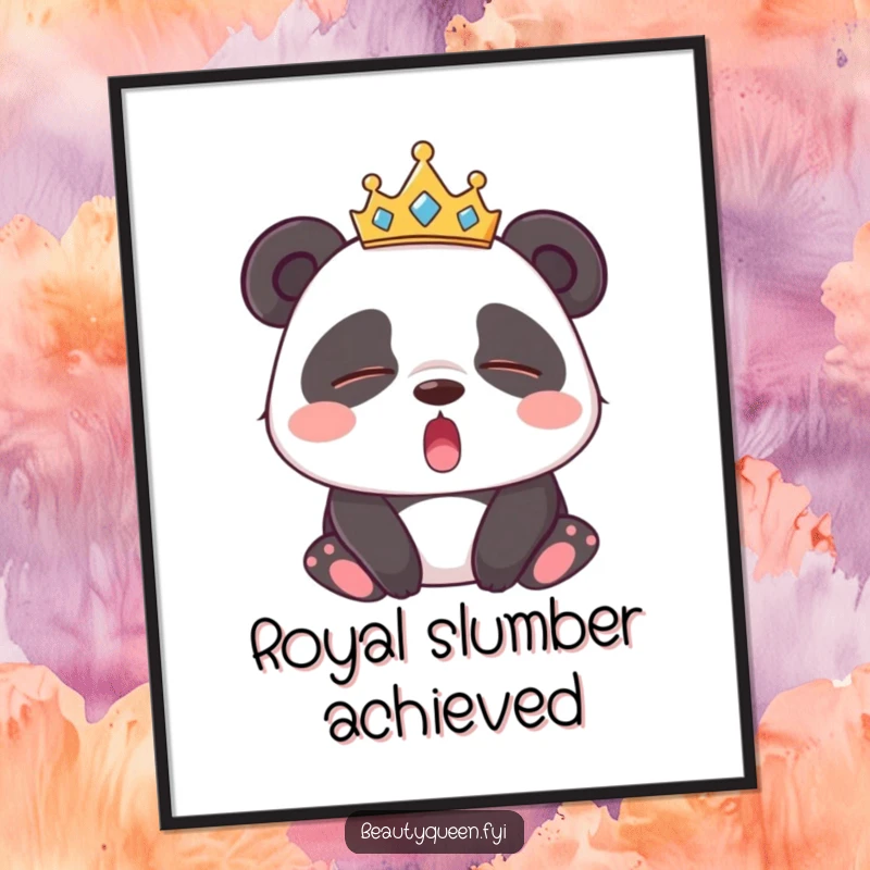 Funny Panda Digital Art Print: High-resolution artwork of a sleepy panda wearing a tiara, yawning broadly with closed eyes.