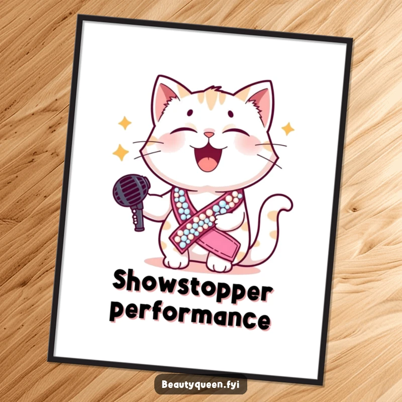 Funny cat digital art print of a giggling cat in a sequined sash holding a microphone, perfect for adding hilarious diva vibes to decor.