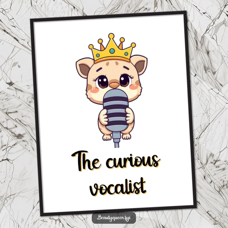 Funny digital art print of a curious animal wearing a crooked crown, peering over a large microphone, full of questions.