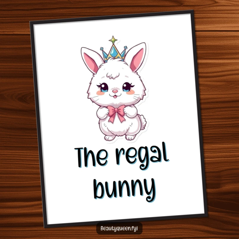 Funny digital art print of a fluffy bunny wearing a sparkly crown and striking a playful pose with a bow.