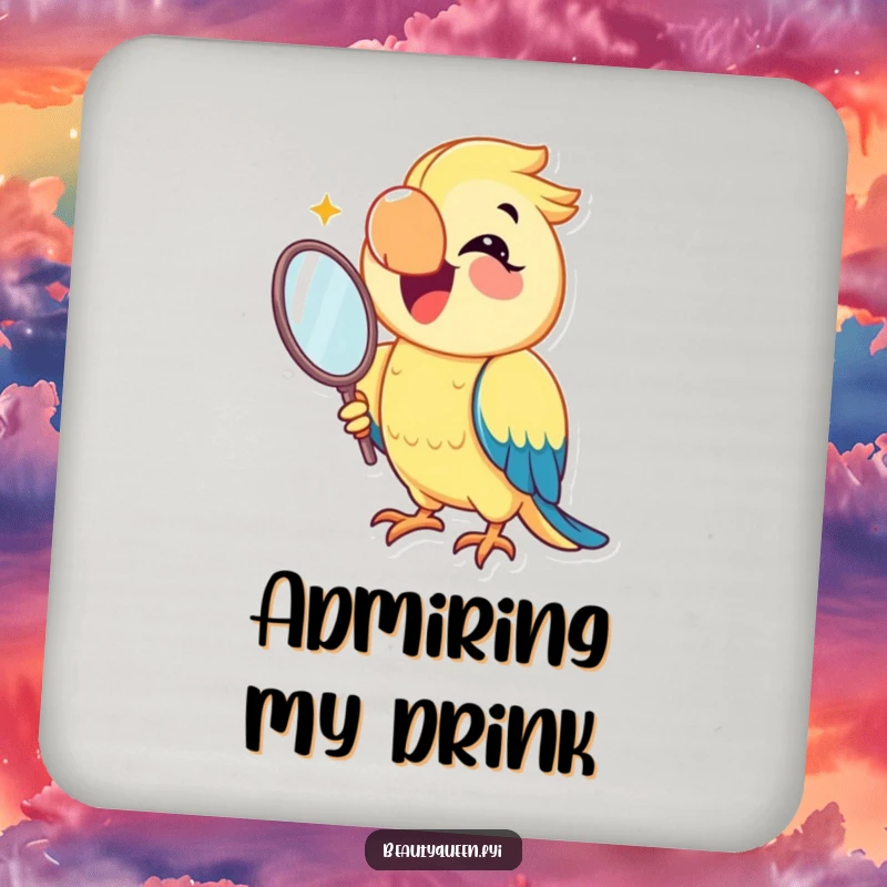 Funny parrot coasters with a joyful parrot smiling and holding a mirror, protecting tables with dazzling charm and avian humor.