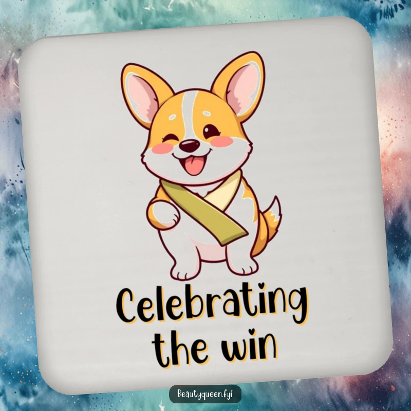 Funny proud corgi wearing a sash, beaming with excitement on a protective and decorative drink coaster.