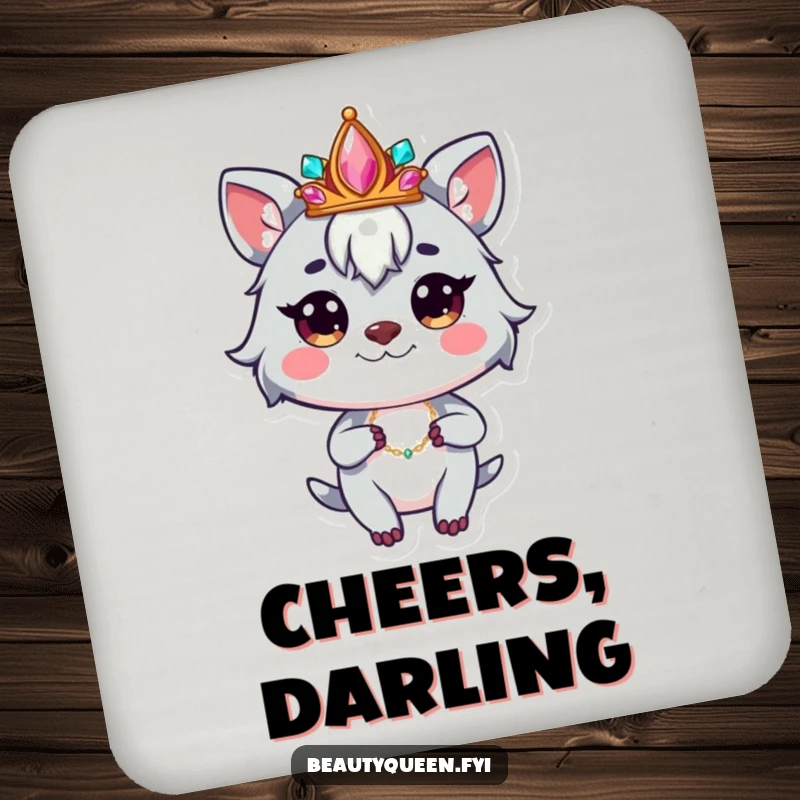 Funny coaster with a whimsical animal character wearing a jeweled crown, striking a confident pose, offering stylish protection.