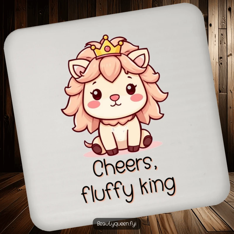 Funny drink coaster featuring a cheerful animal with a fluffy mane and a tiny, cute crown.