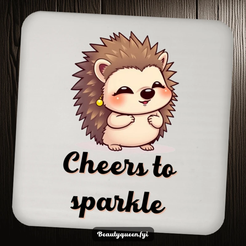 Funny giggling hedgehog wearing tiny earrings, performing a curtsy on a protective and decorative drink coaster.