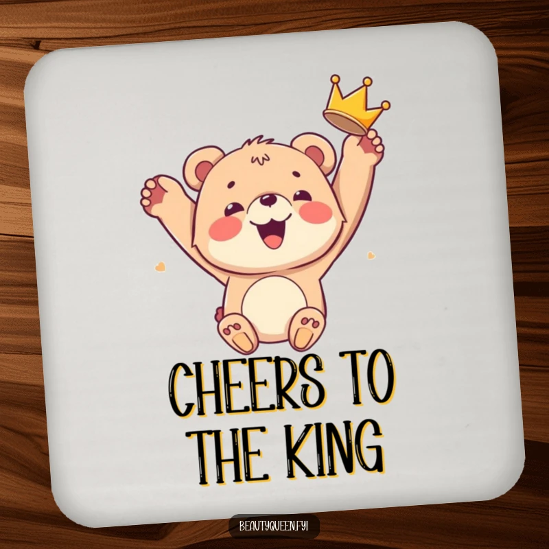 Funny bear cub coaster with a smiling cub joyfully tossing a crown, adding hilarious kingly cheer to any tabletop.