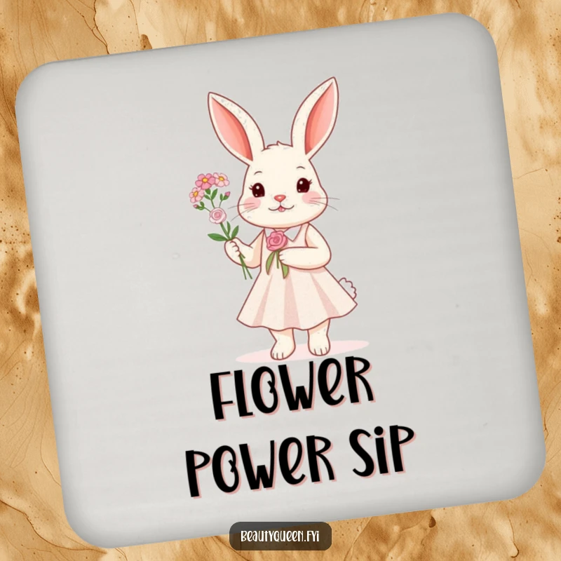 Funny Drink Coaster with a rabbit in a sparkly dress holding a tiny flower bouquet, providing humorous surface protection.