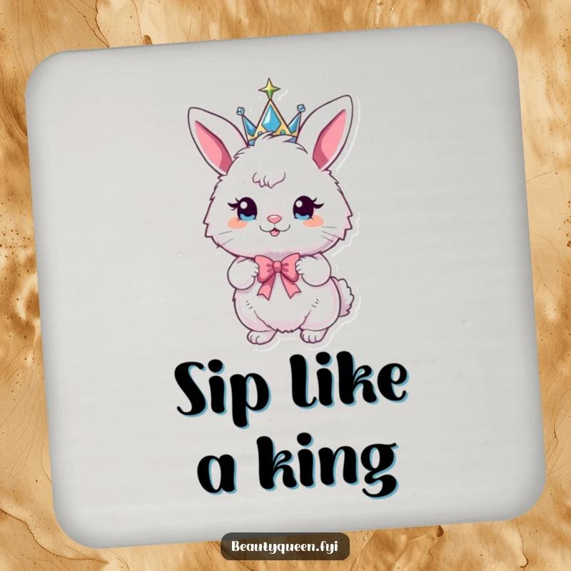 Funny bunny coaster featuring a fluffy bunny wearing a sparkly crown and striking a playful pose with a bow.
