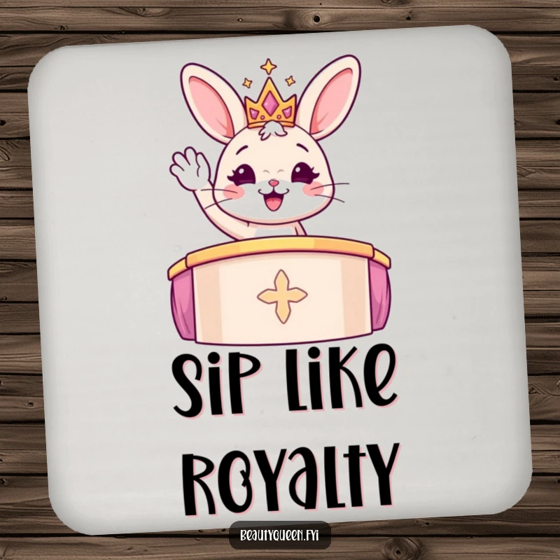 Funny cheerful bunny in a sparkly tiara waving from a podium, featured on a protective drink coaster.