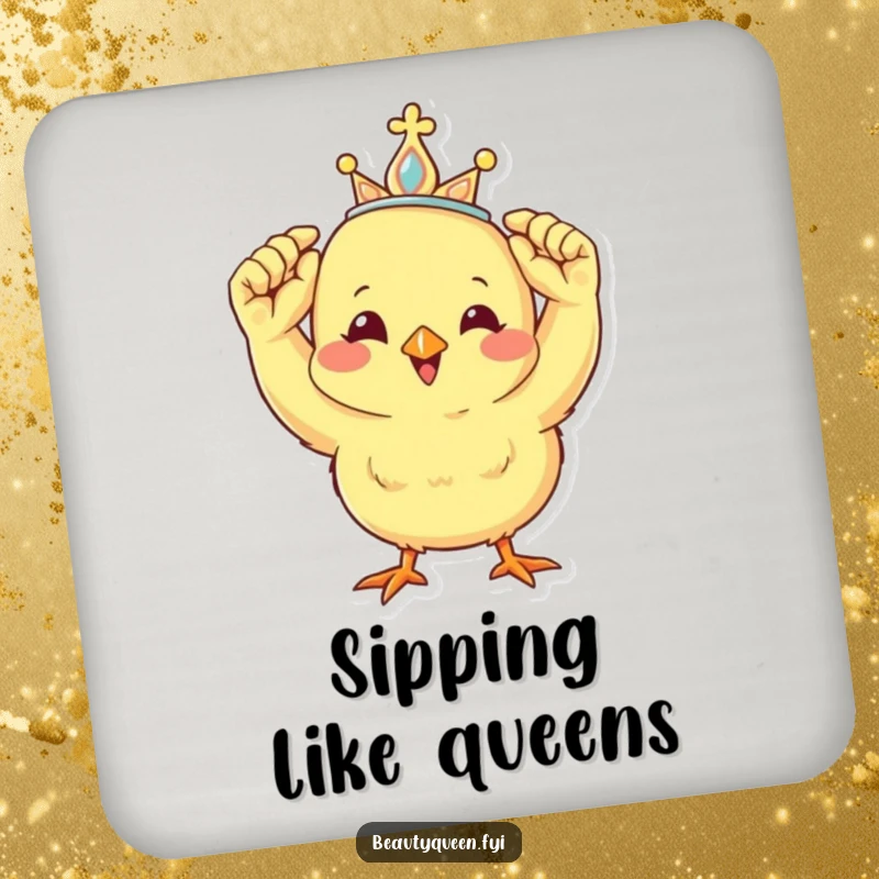 Funny drink coaster with a cheerful chick adjusting a miniature tiara, adding a touch of royal humor to any surface.