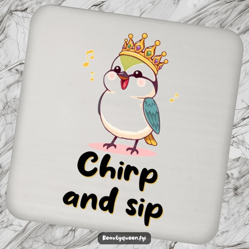 Funny Chickadee Coaster: A charming chickadee in a royal headdress chirps happily, offering royal protection to your drinks.