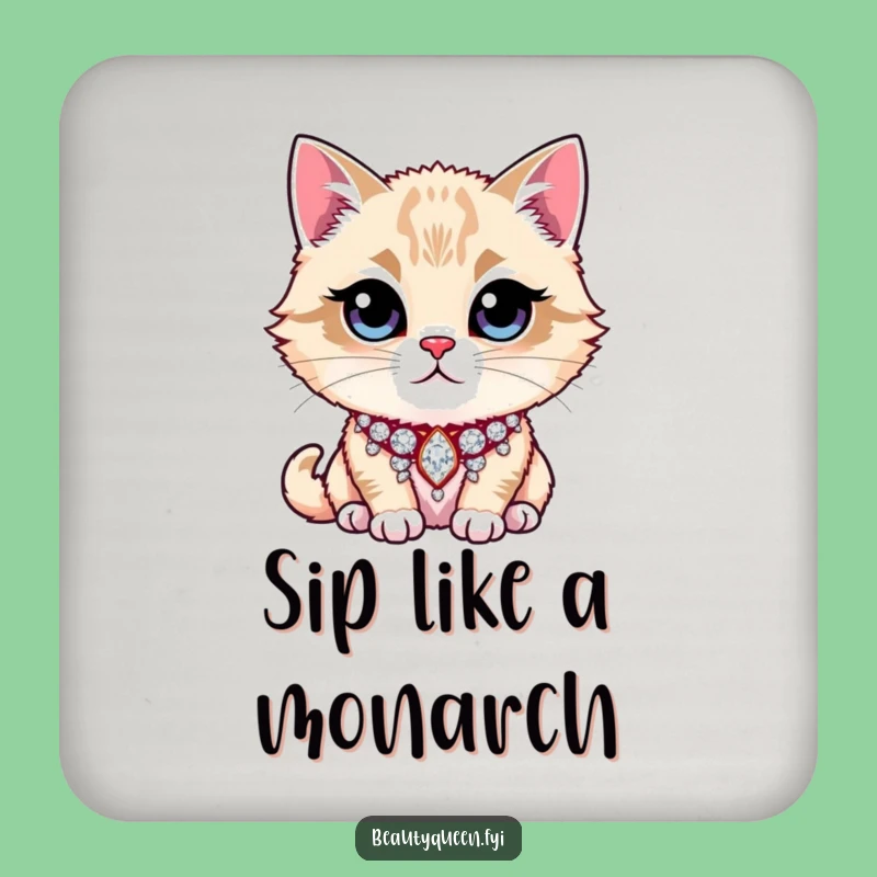 Funny Coaster Set: Majestic Cat with Rhinestone Collar, Protect Surfaces, Funny Gift!