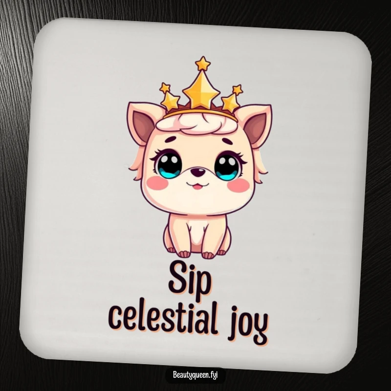 Funny drink coaster featuring a sweet animal wearing a star crown, eyes wide with a look of pure amazement.