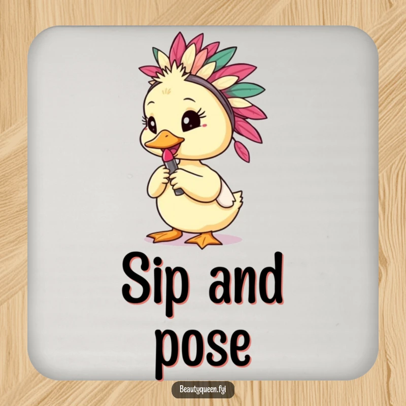Funny duckling in a feathered headdress with lipstick, printed on protective drink coasters for a touch of humor.