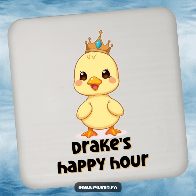 Funny drink coaster featuring a cute duckling beaming while balancing a tiny tiara, adding humor to tabletops.