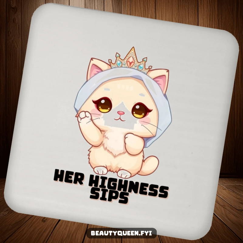 Funny Cat Bride Coaster: Protective coaster featuring a fluffy cat adjusting her sparkly crown and veil, adding regal humor.