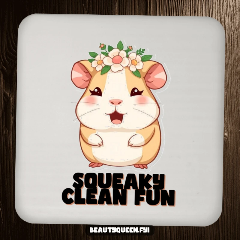 Funny guinea pig with a floral crown, winking enthusiastically, on humorous coasters. Cute and protective.
