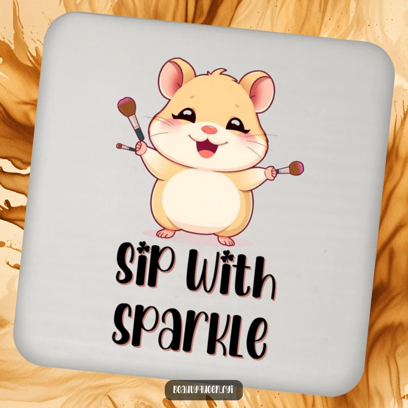 Funny drink coaster featuring a giggling hamster expertly juggling small makeup brushes, a humorous addition to any home bar.