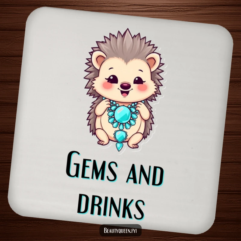 Funny coaster depicting a smiling hedgehog adjusting a large, oversized jeweled necklace.