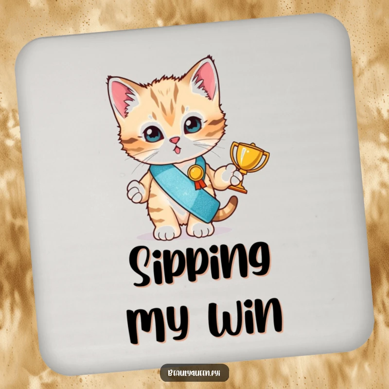 Funny drink coaster with a tiny kitten in a glitter sash holding a small trophy, adding humor to tabletops.
