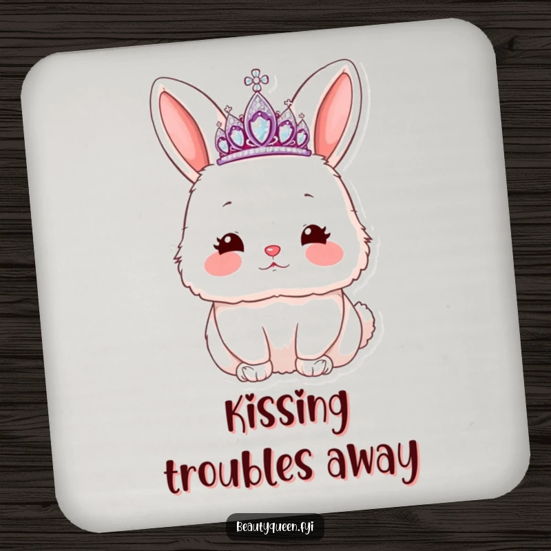 Funny rabbit coaster featuring a fluffy bunny wearing a tiara, blowing a kiss with rosy cheeks, a cute and protective item.