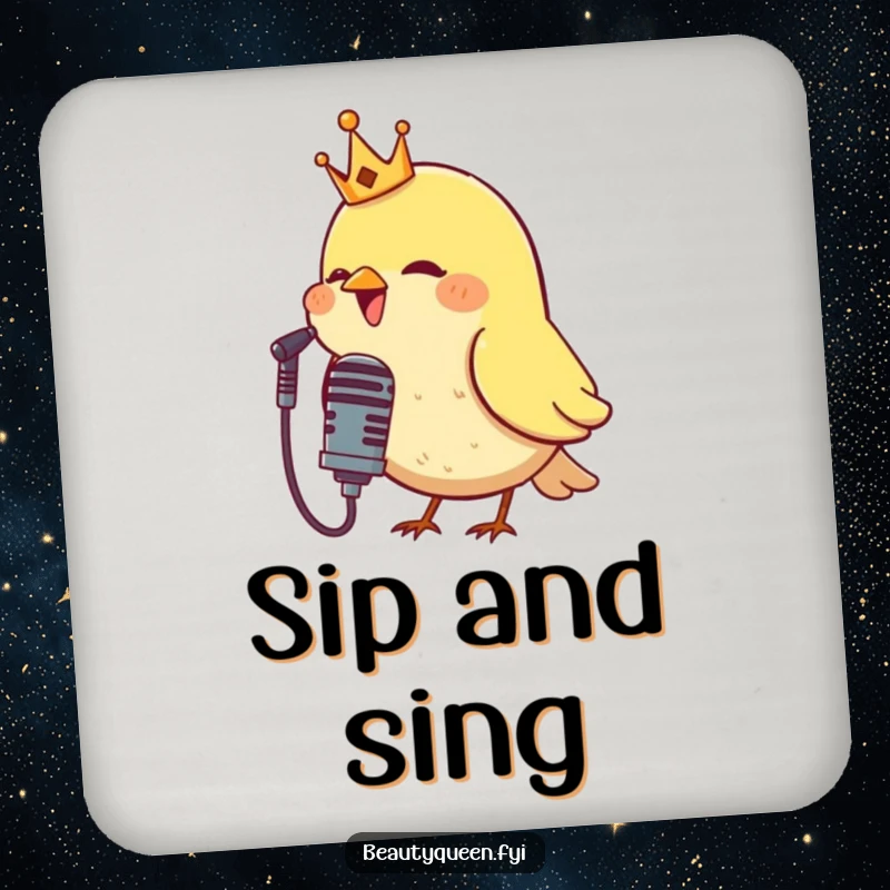 Funny drink coaster featuring a crowned bird singing into a microphone, perfect for protecting surfaces while adding a humorous and theatrical touch.