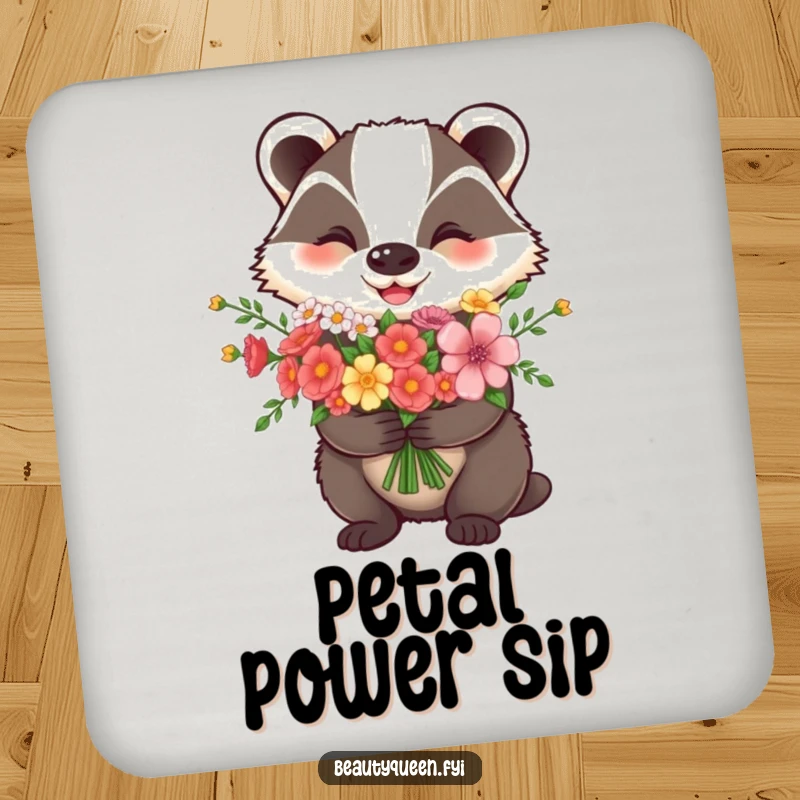 Funny Coaster: A happy badger proudly holds a flower bouquet, adding charm to any drink setup.