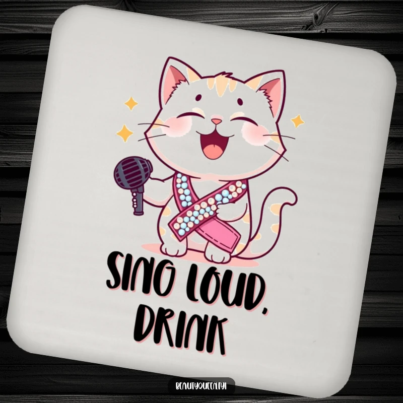 Funny cat coaster featuring a giggling cat in a sequined sash holding a microphone, adding hilarious diva charm to any table.